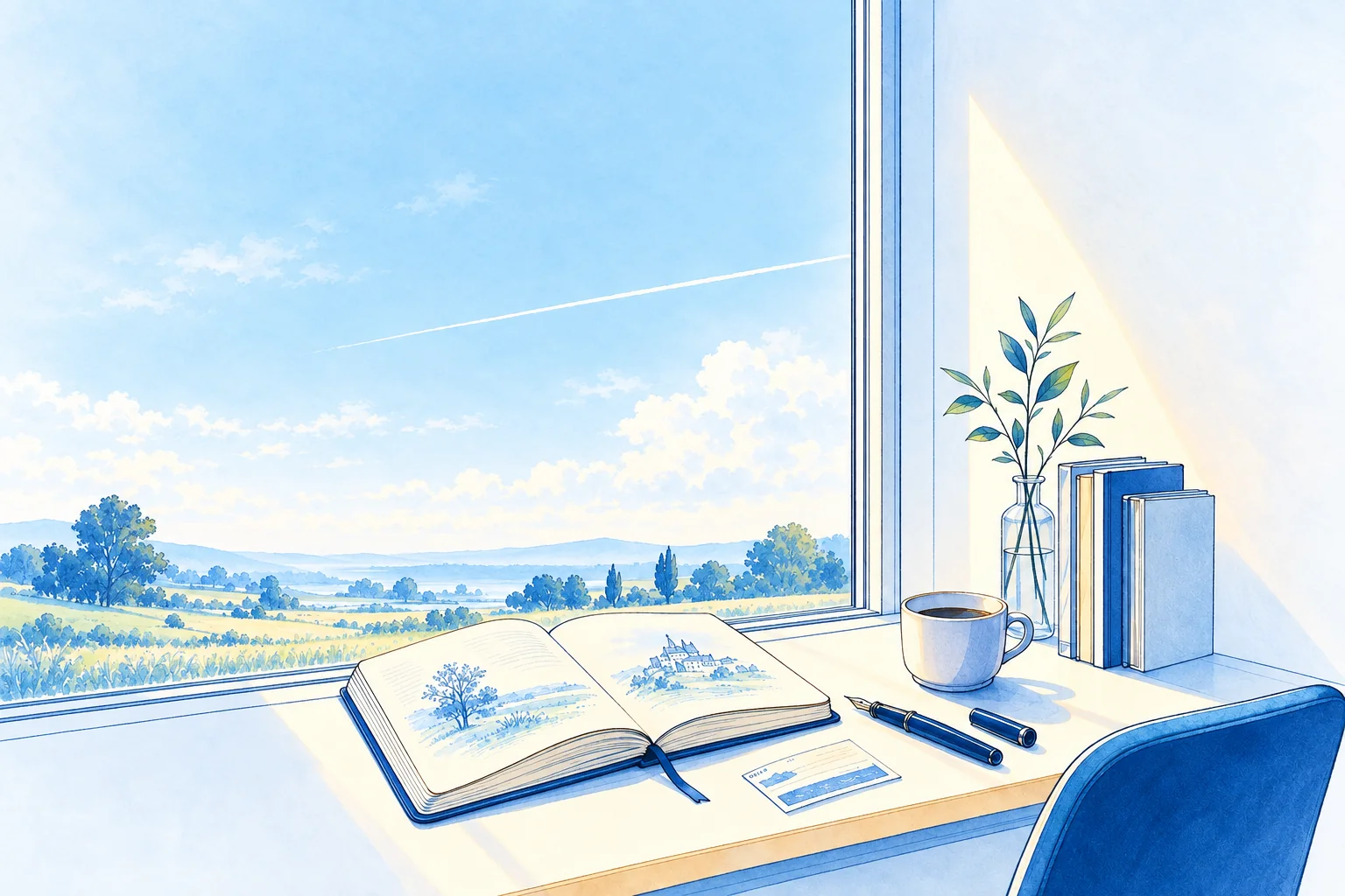 An open field notebook with loose sketches, a fountain pen and a train ticket on a bright desk, a thin contrail crossing the pale sky outside.