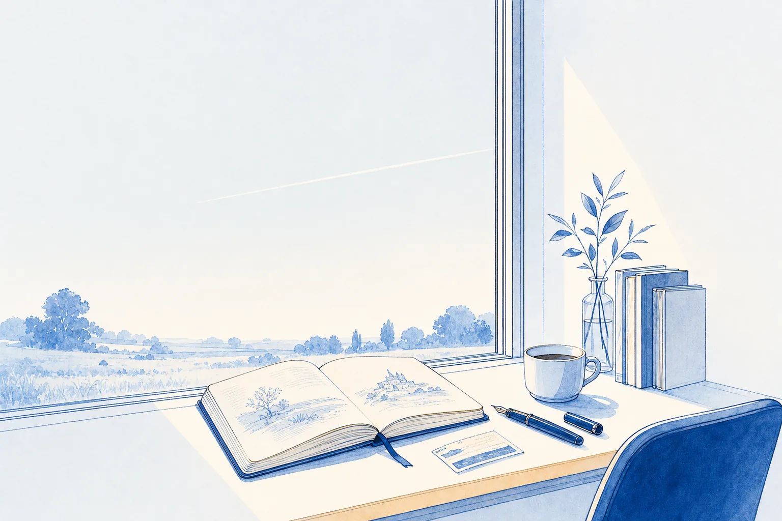 An open field notebook with loose sketches, a fountain pen and a train ticket on a bright desk, a thin contrail crossing the pale sky outside.