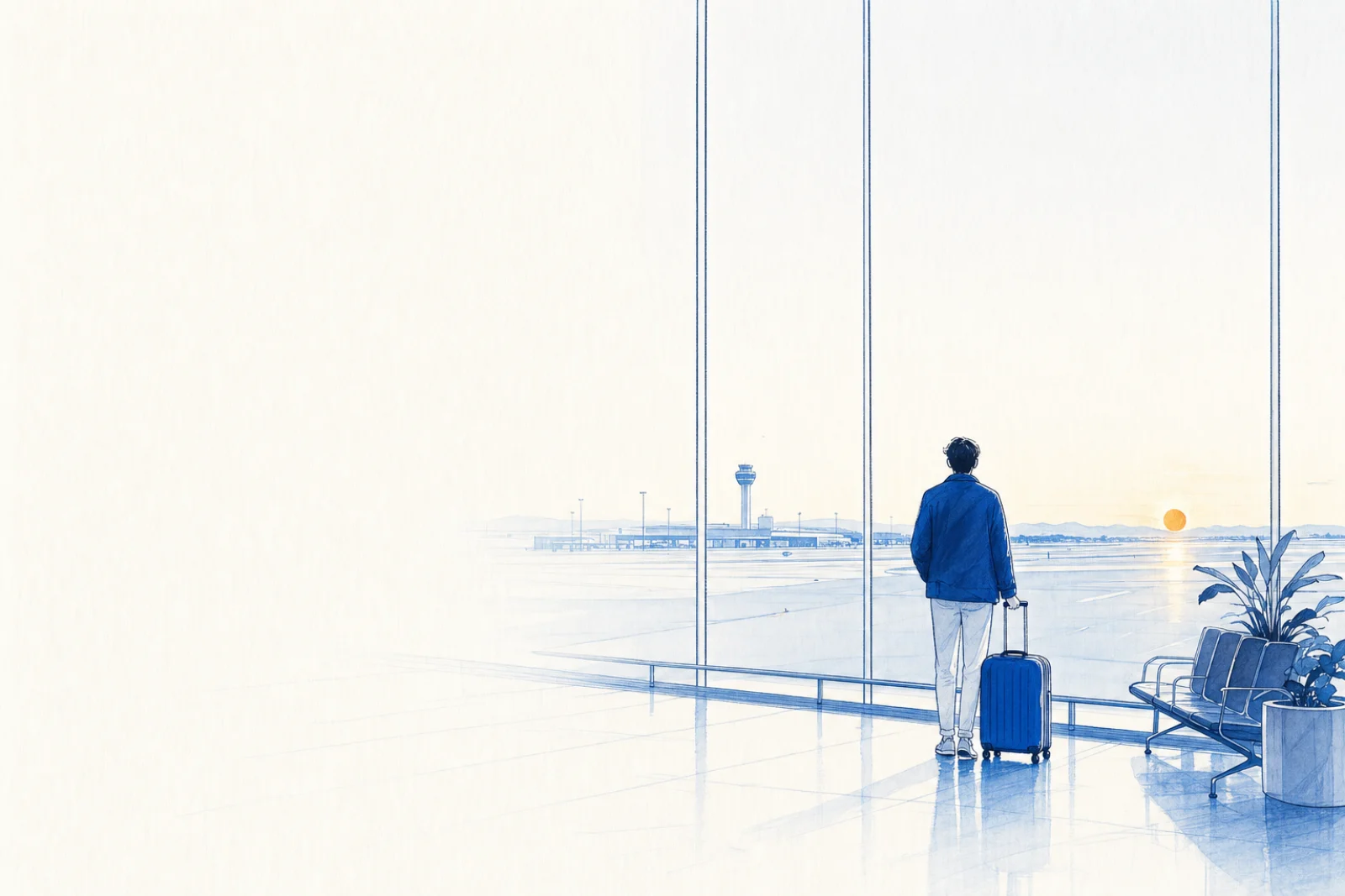 Dawn at an airport terminal: a traveller with one bag watches the sunrise over the apron