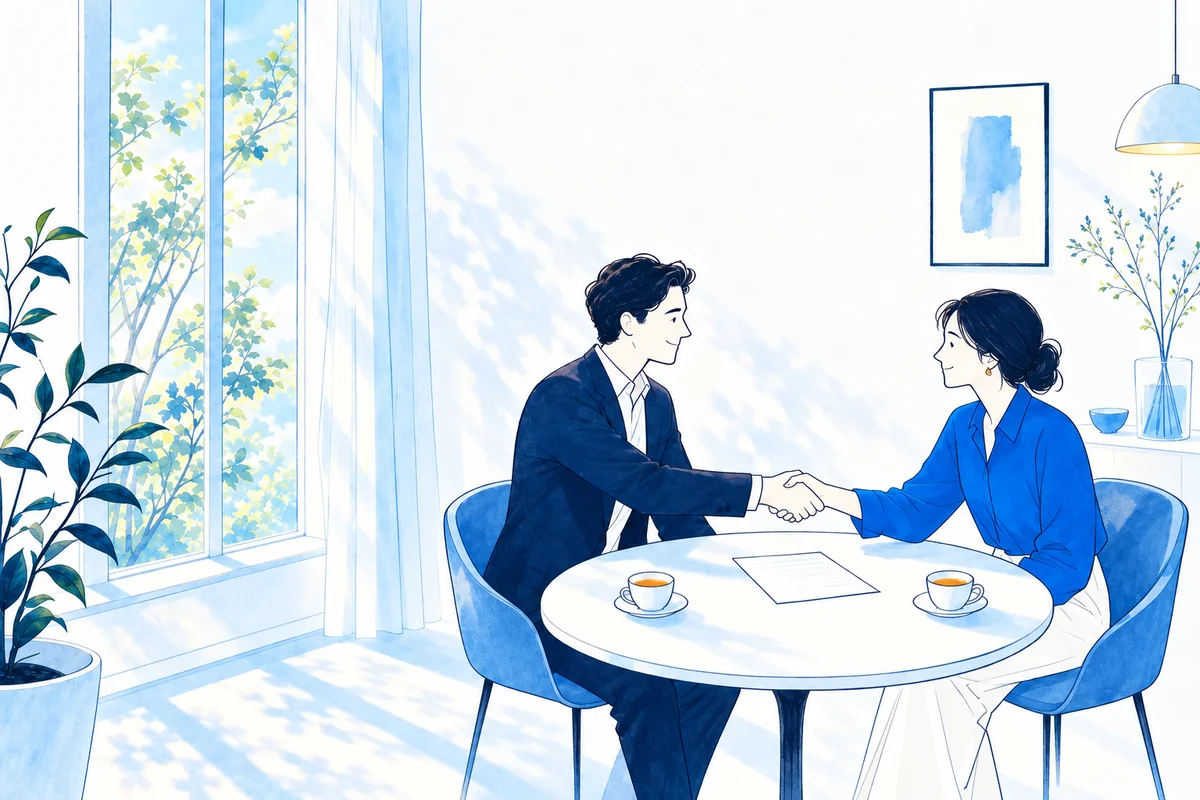 Watercolor illustration of two business partners shaking hands across a small round table with a single agreement between them.