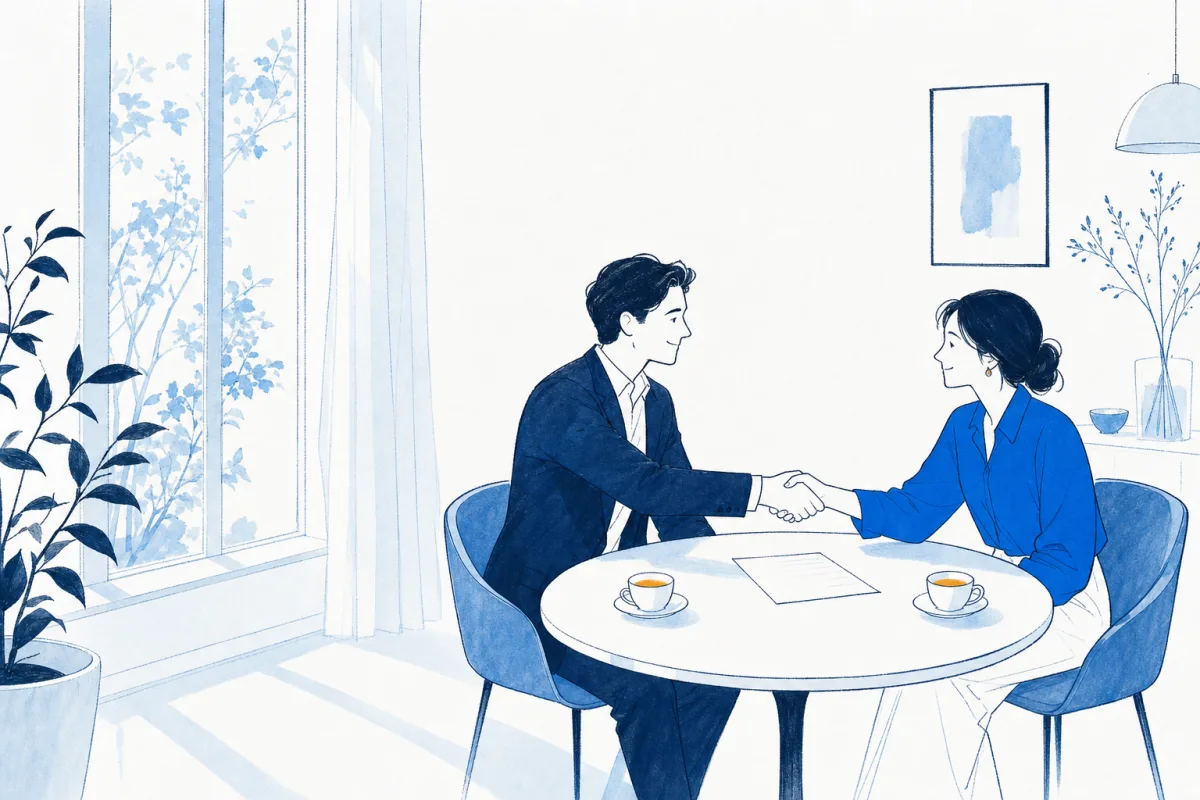 Watercolor illustration of two business partners shaking hands across a small round table with a single agreement between them.