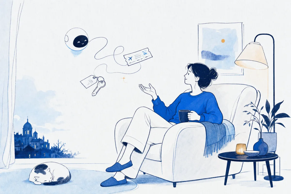 Illustration: a woman relaxes in an armchair with a coffee while a small floating orb, her AI agent, carries a boarding pass and a hotel key towards her.