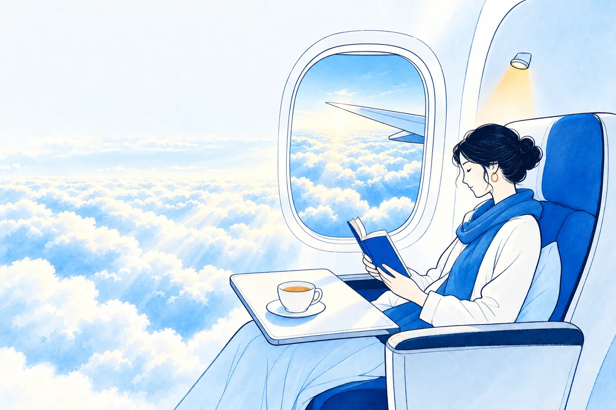 Illustration: a passenger reading contentedly in an airplane window seat above a calm morning sea of clouds, tea on the tray table.