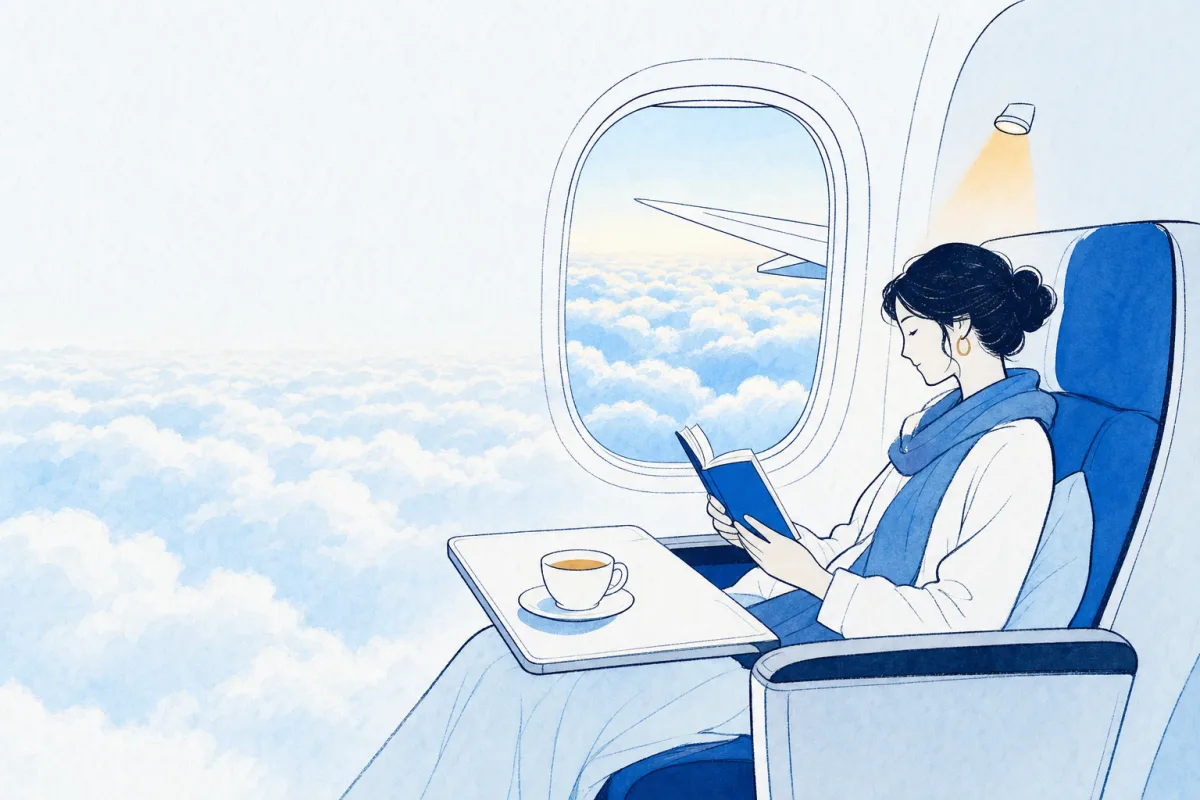 A woman reads by an airplane window, clouds below, tea on the tray