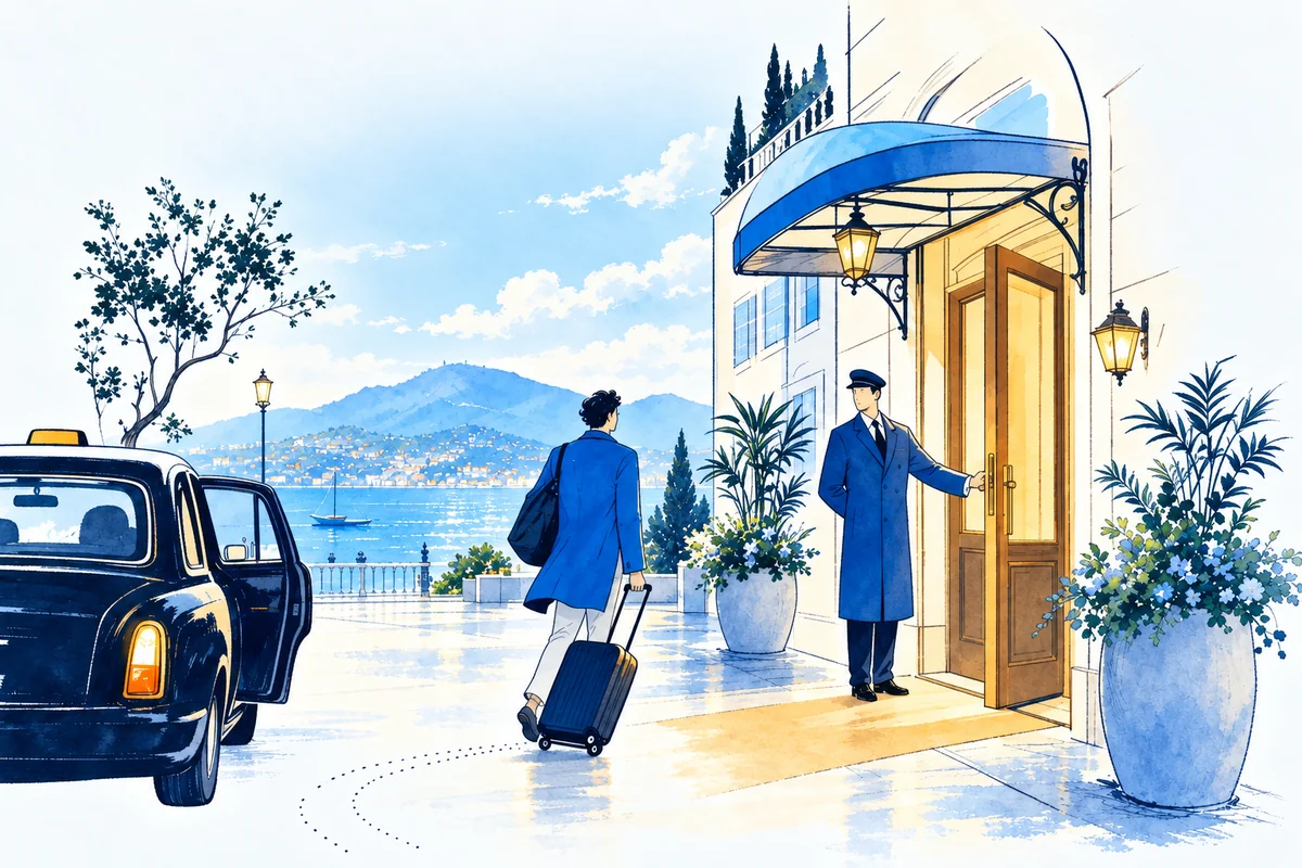 Illustration: a traveller steps from a taxi toward a warmly lit hotel entrance at dusk