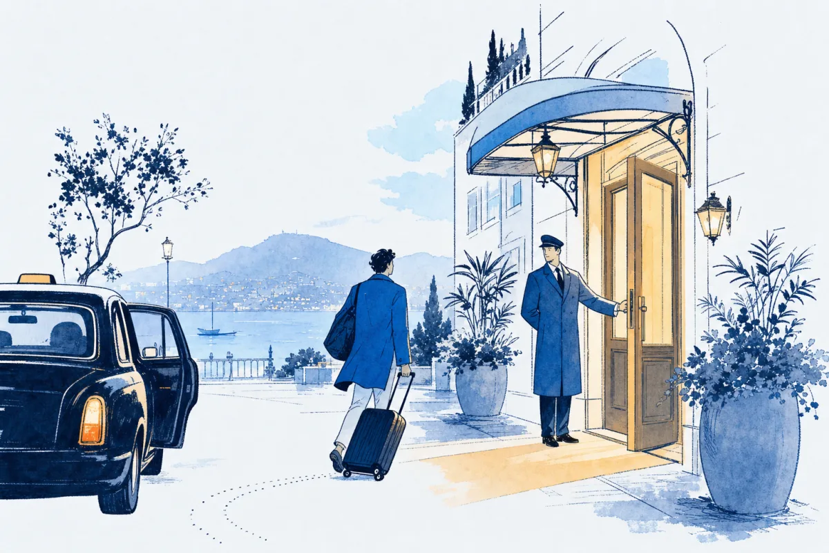 A traveller with a rolling bag arrives at a hotel door held open by a doorman