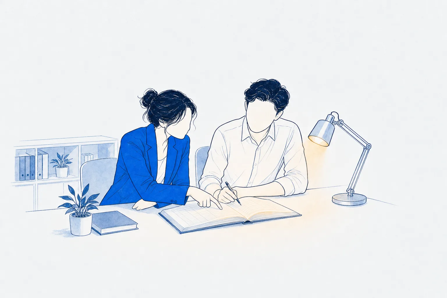 Illustration: two colleagues review an open ledger together at a bright desk, a warm lamp lighting the page.