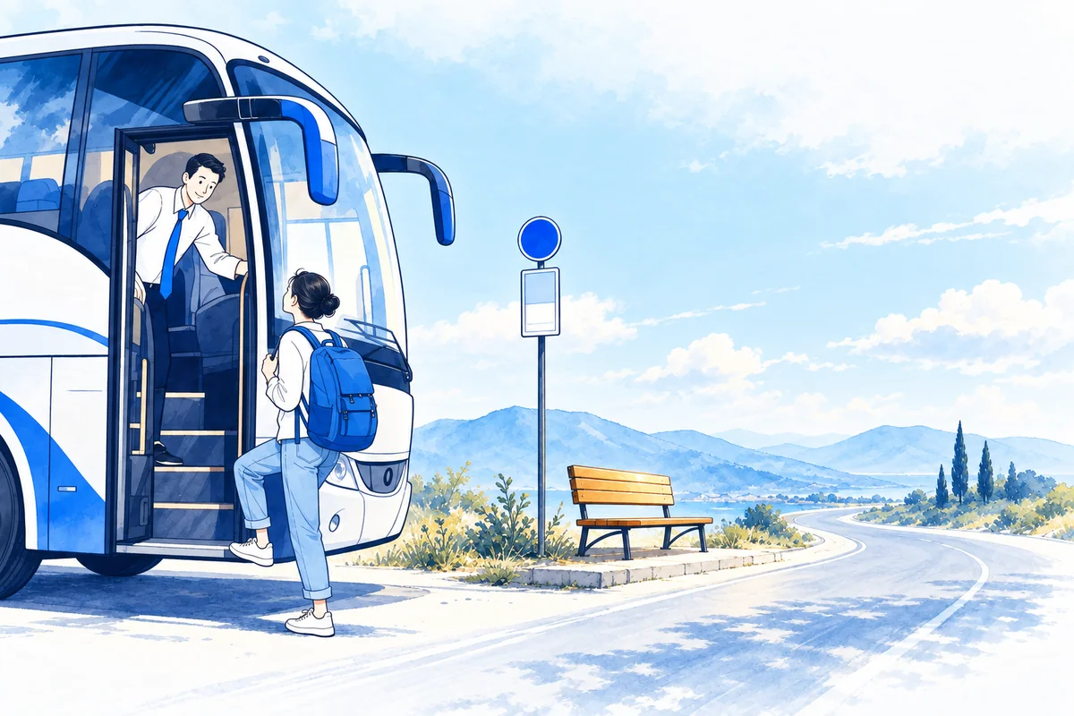 Illustration: a coach driver leaning out to welcome a backpacked traveller stepping aboard at a small sunlit roadside stop.