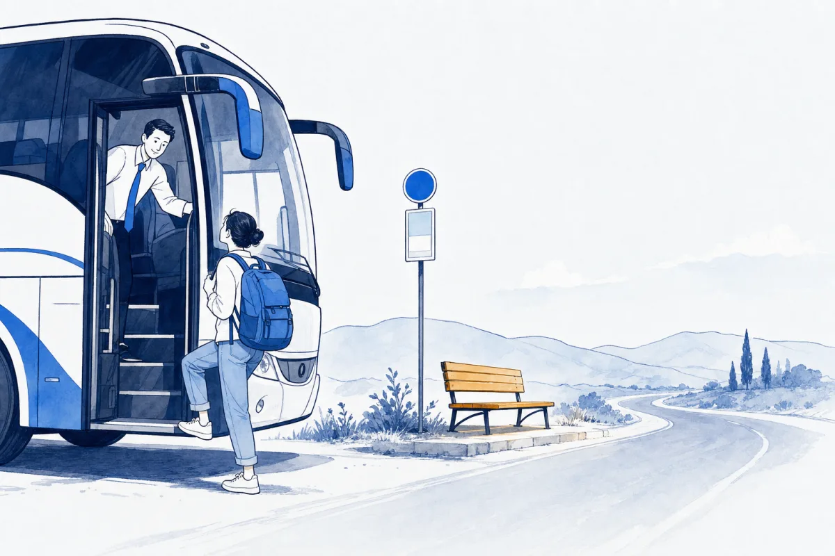 Illustration: a coach driver leaning out to welcome a backpacked traveller stepping aboard at a small sunlit roadside stop.