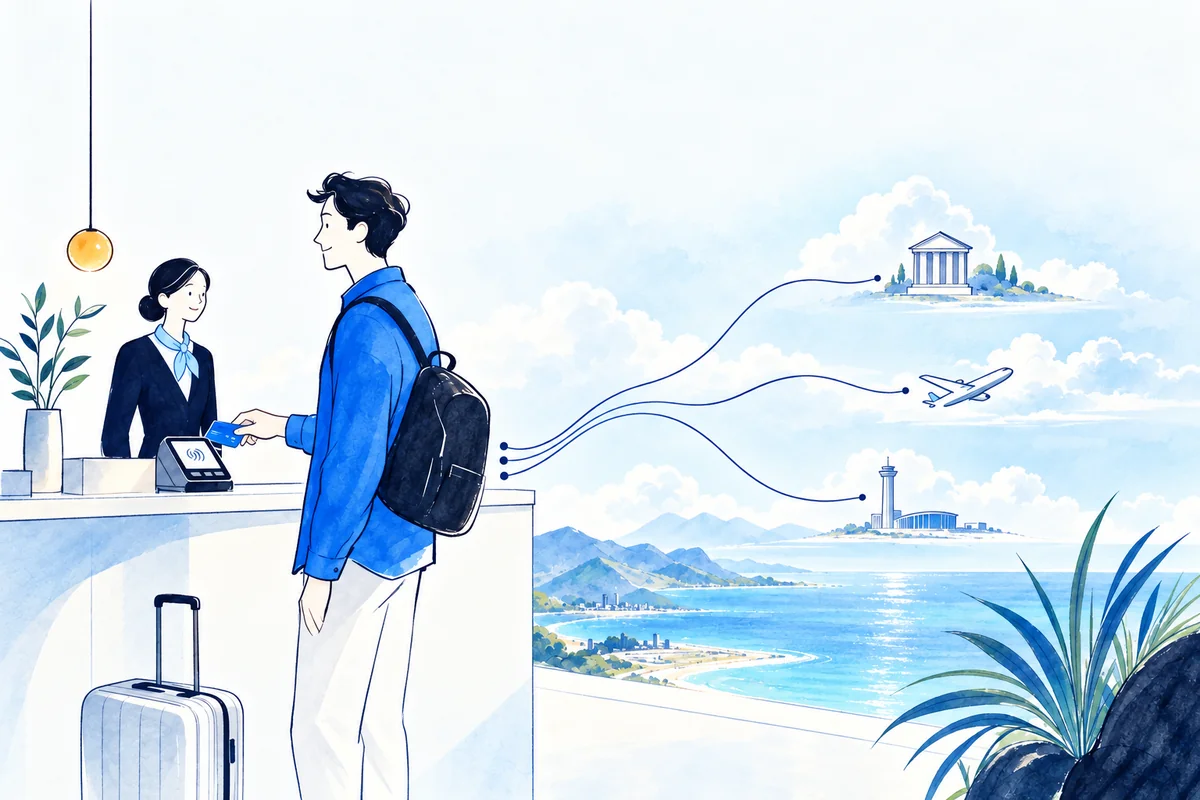 Illustration: a traveller taps a card and one fine line fans into tidy settlement streams