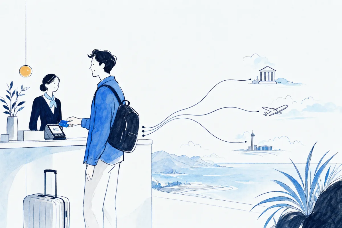 Illustration: a traveller taps a card and one fine line fans into tidy settlement streams