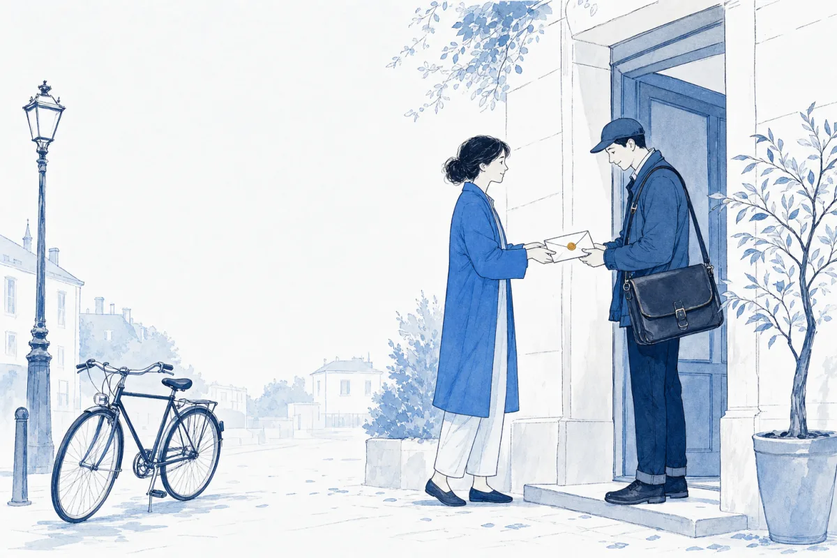 Illustration: a person handing a sealed envelope to a courier who receives it with both hands and tucks it carefully into a leather satchel.