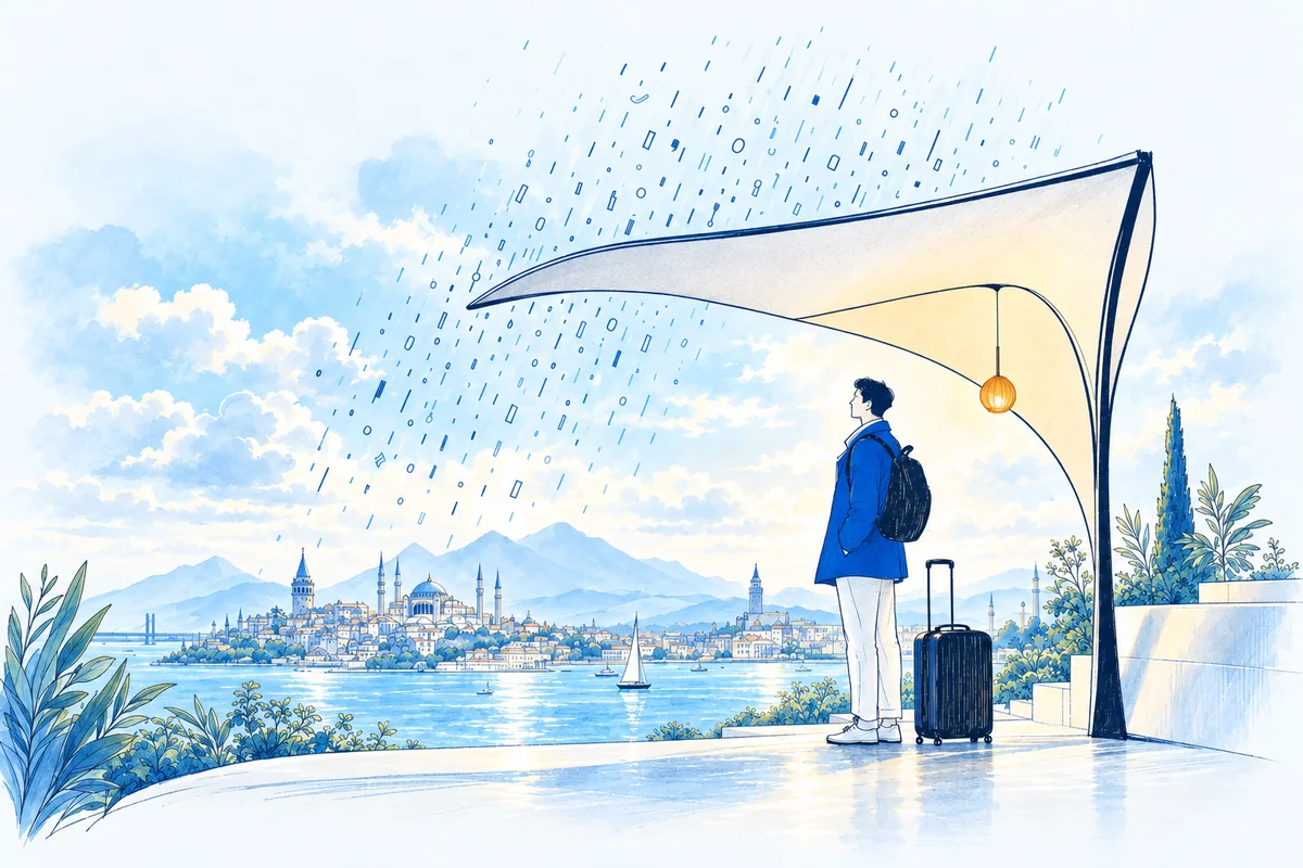 Illustration: a traveller stands dry beneath a broad canopy while abstract glyphs slide off it