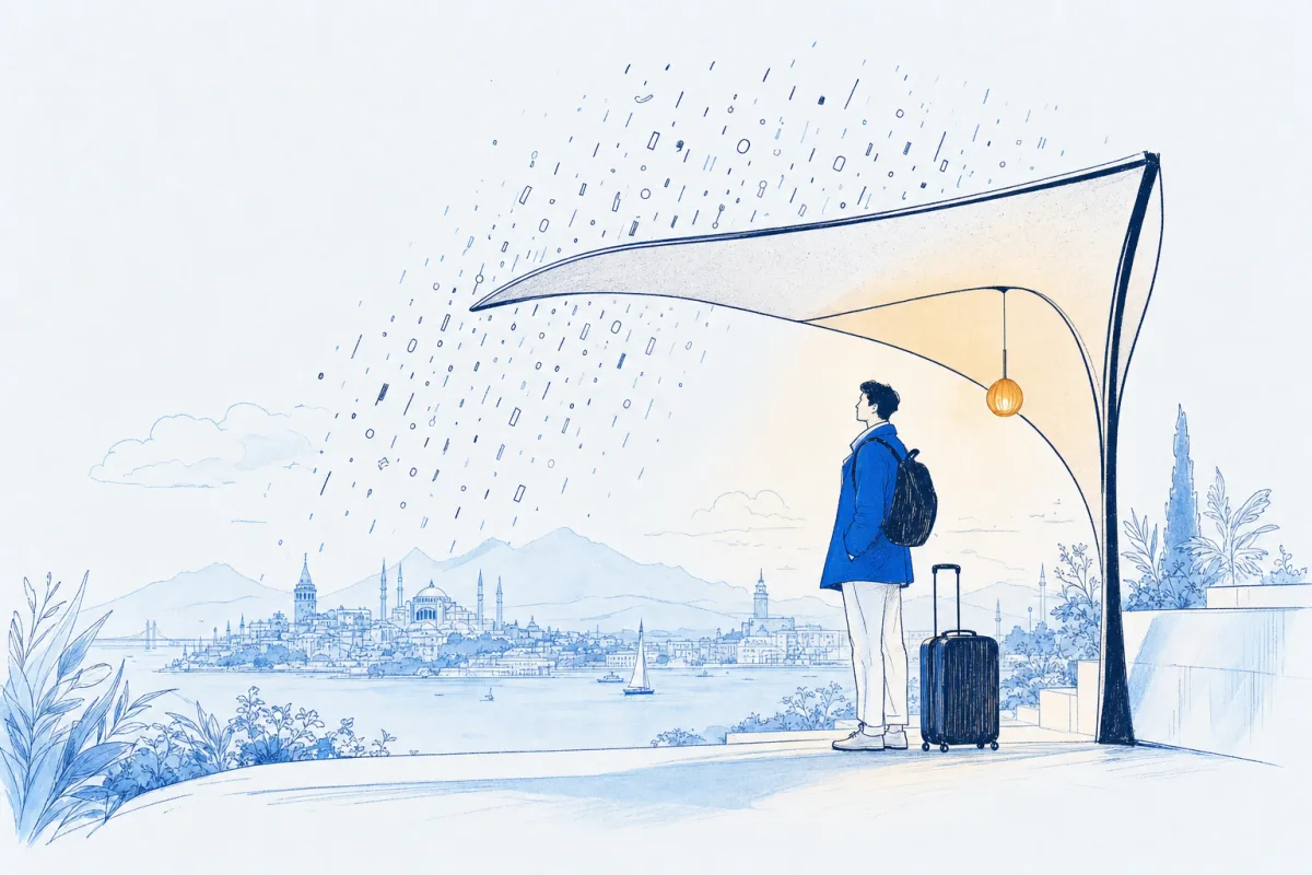 Illustration: a traveller stands dry beneath a broad canopy while abstract glyphs slide off it