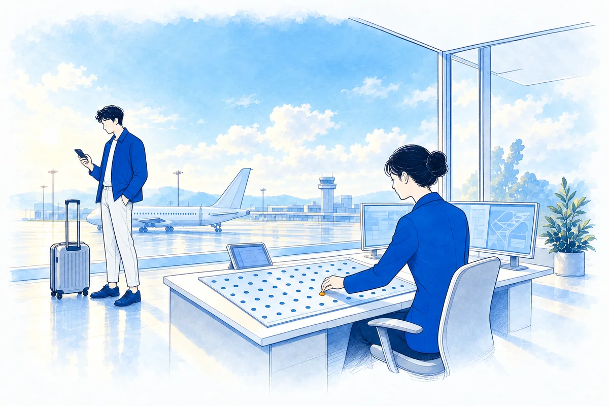 Illustration: an airport operations officer calmly places one warm apricot token on a board of uniform blue on-time markers while a traveller nearby checks a phone