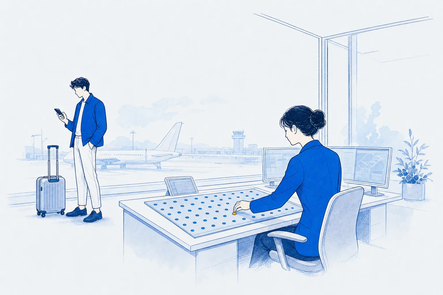 Illustration: an airport operations officer calmly places one warm apricot token on a board of uniform blue on-time markers while a traveller nearby checks a phone
