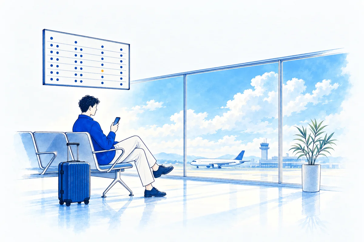 Illustration: a traveller sits calmly in an airport seating area checking a phone while one dot on the minimal departures board above has turned warm apricot