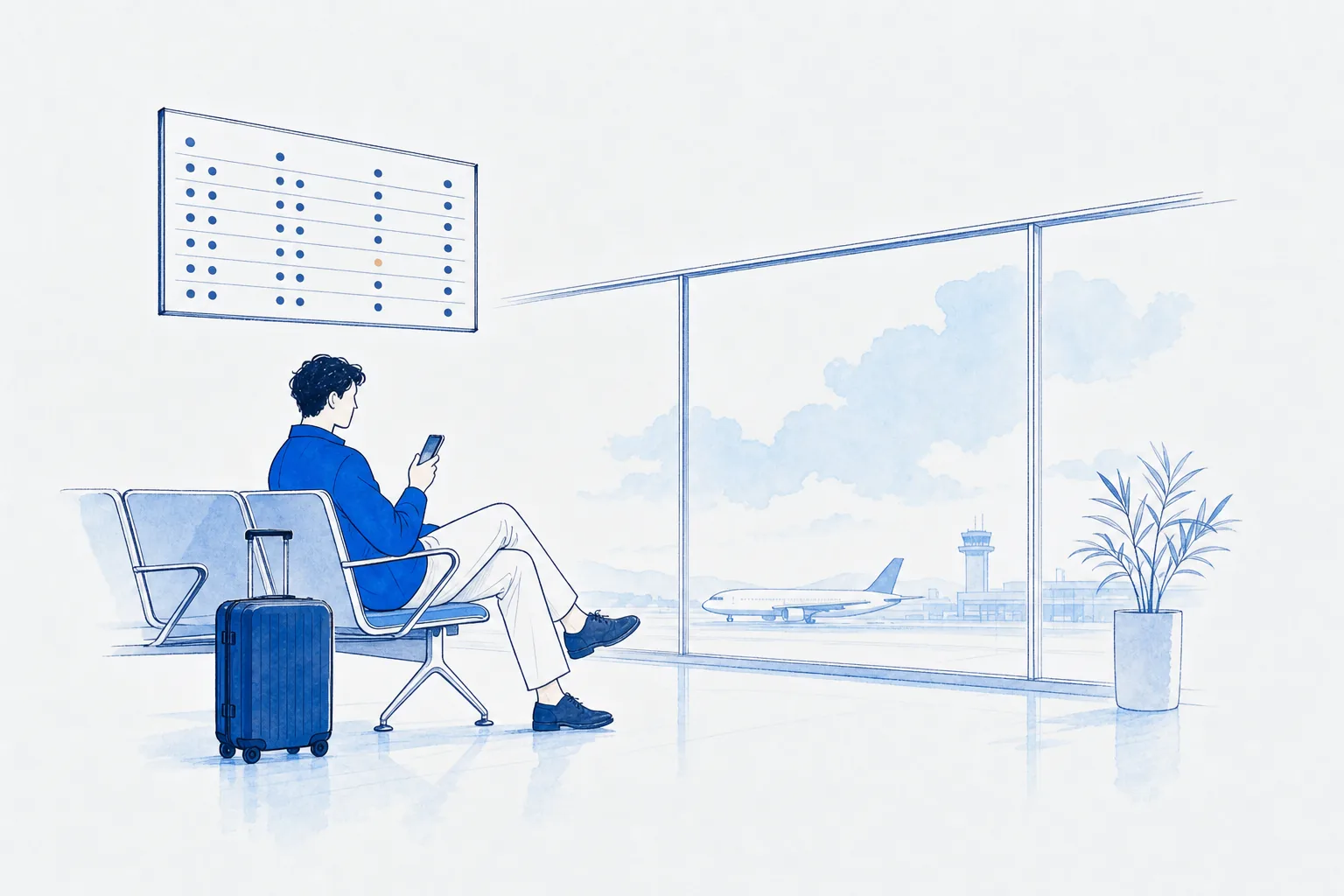 Illustration: a traveller sits calmly in an airport seating area checking a phone while one dot on the minimal departures board above has turned warm apricot