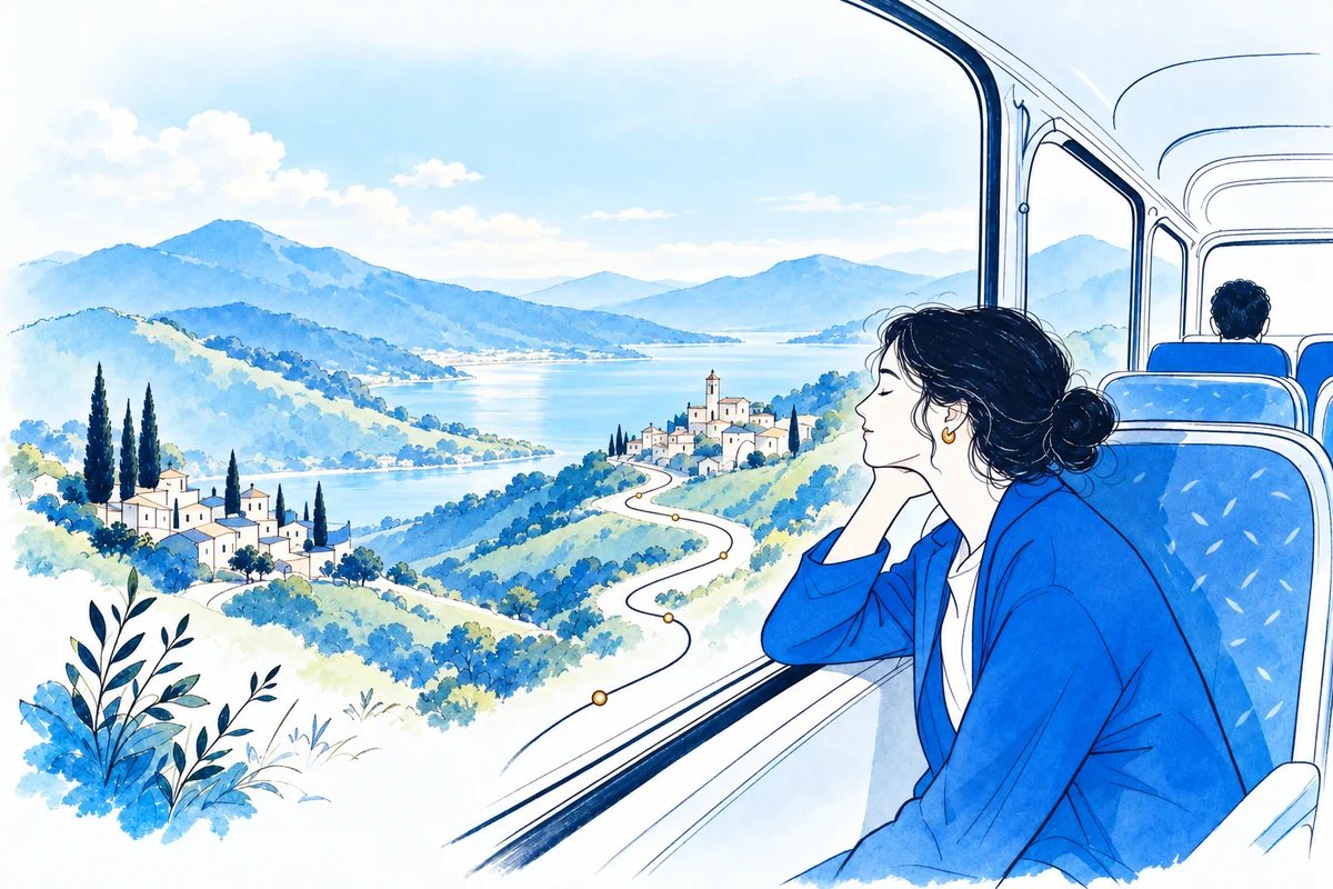 Illustration: a passenger rests against a bus window while hills roll past