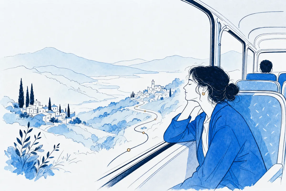 Illustration: a passenger rests against a bus window while hills roll past