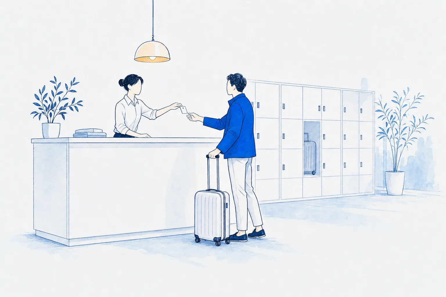 Illustration: an attendant at a bright left-luggage counter hands a traveller a small claim tag, a wall of closed lockers holding one case safely behind them.
