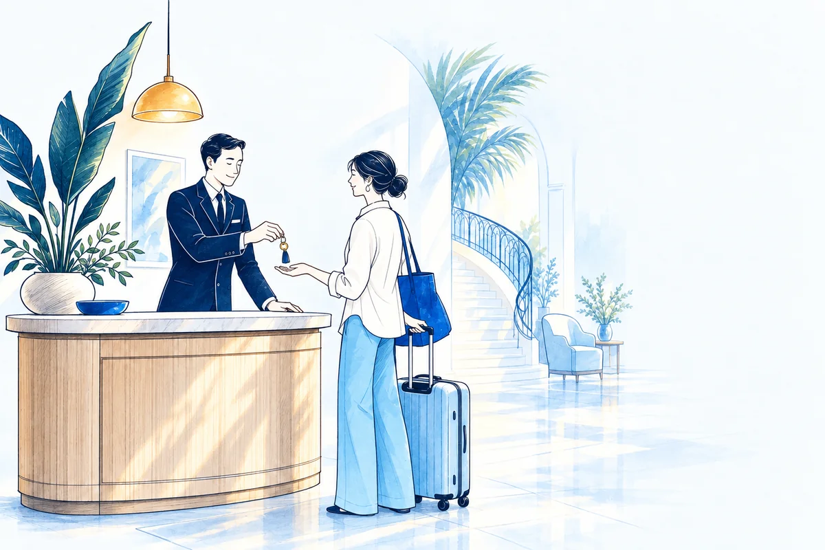 Illustration: a hotel concierge placing a room key into a traveller's open hand across a warm lobby desk.
