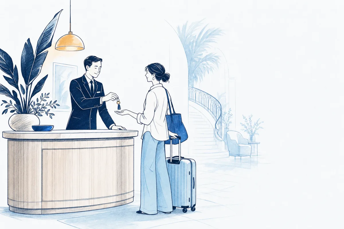 Illustration: a hotel concierge placing a room key into a traveller's open hand across a warm lobby desk.