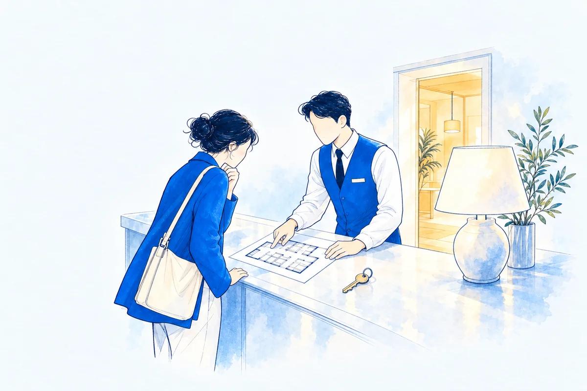 Illustration: a hotel concierge and a traveller study one clear floor plan together at a bright counter, a single room key resting beside it