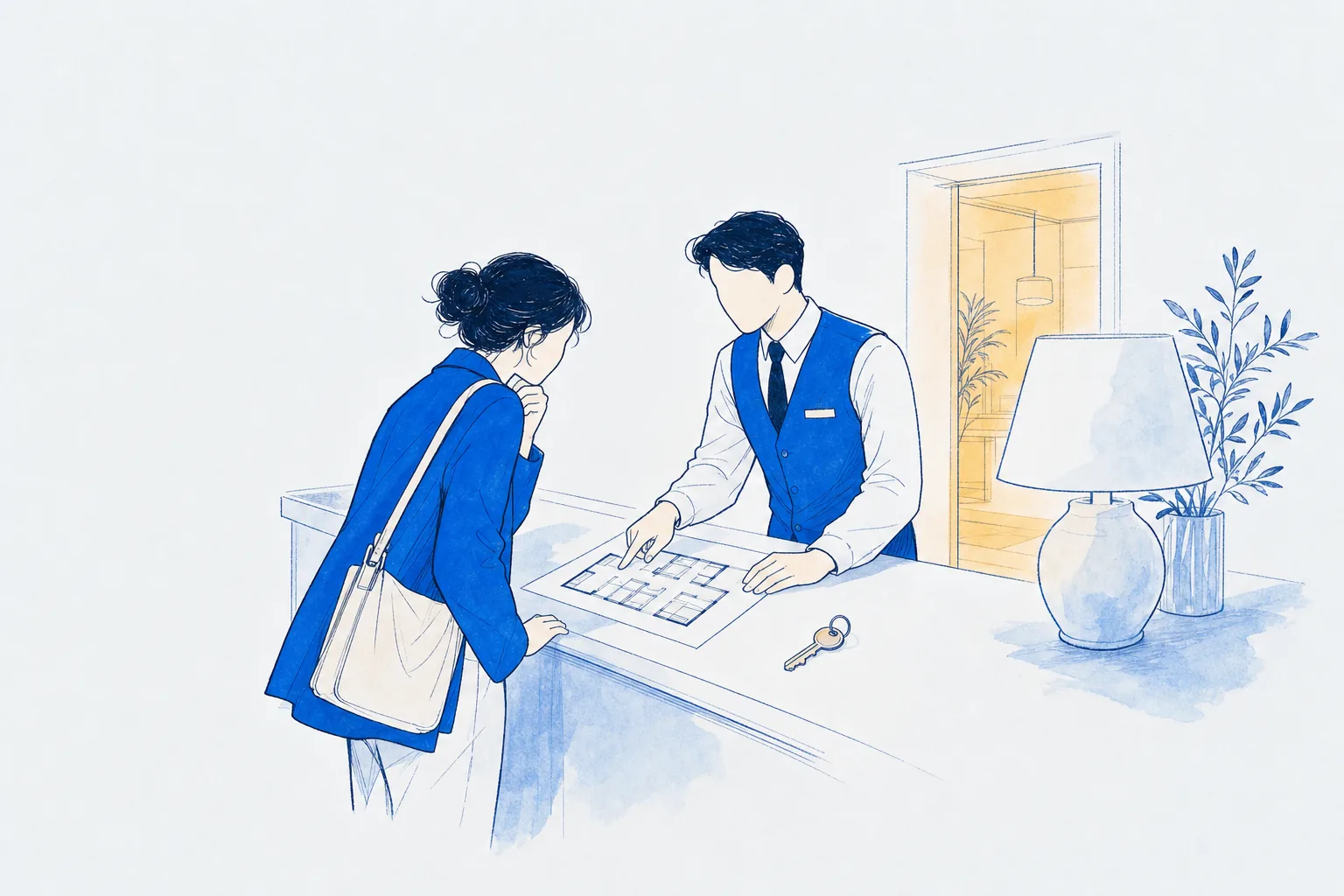 Illustration: a hotel concierge and a traveller study one clear floor plan together at a bright counter, a single room key resting beside it