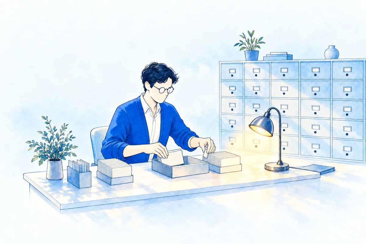 Illustration: a specialist in a blue cardigan at a bright desk merges two stacks of hotel record cards into one tidy tray, a wall of small labelled drawers behind and a warm desk lamp glowing