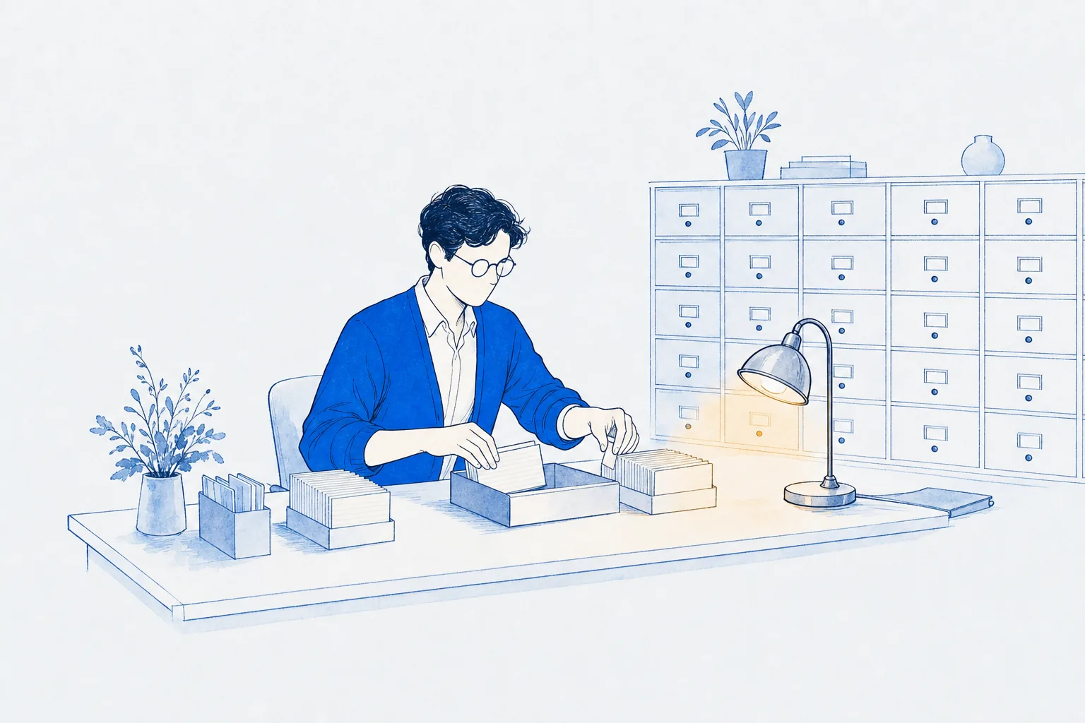 Illustration: a specialist in a blue cardigan at a bright desk merges two stacks of hotel record cards into one tidy tray, a wall of small labelled drawers behind and a warm desk lamp glowing