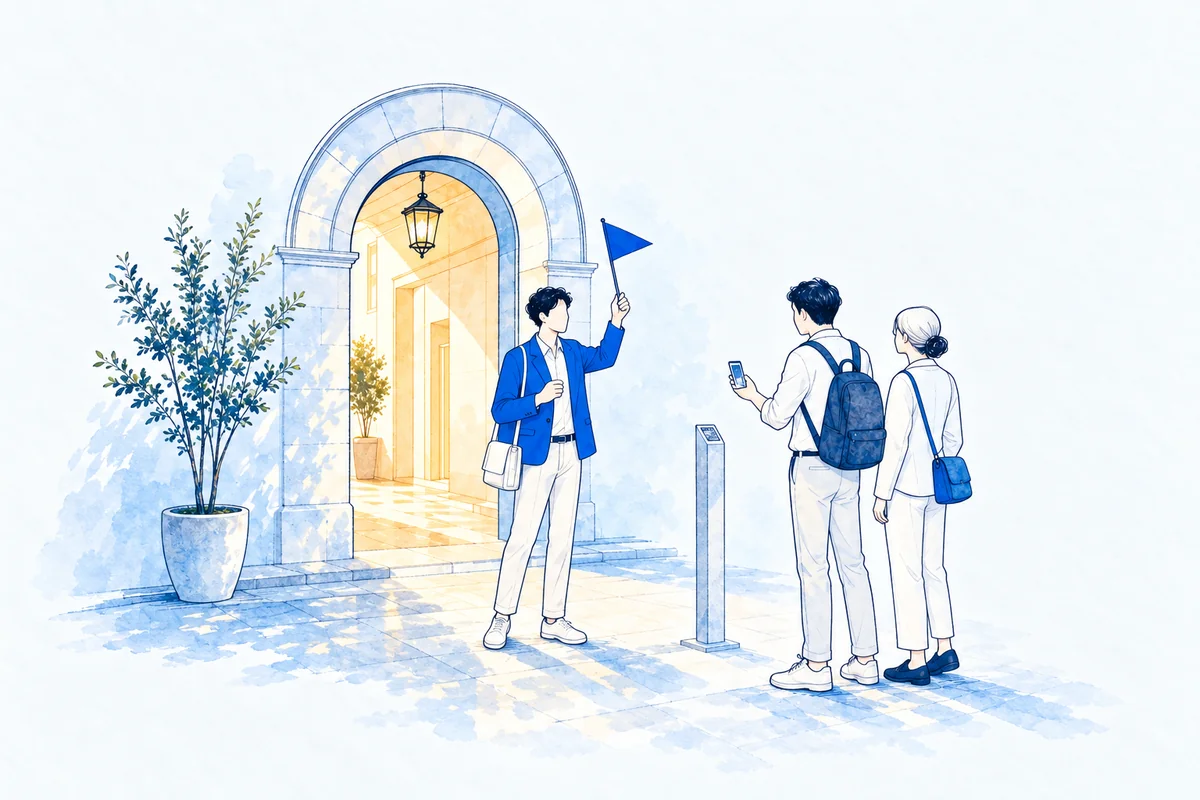 Illustration: a morning tour group gathers at an old-town arch as a guide raises a small pennant and a traveller holds up a phone ticket at the meeting post
