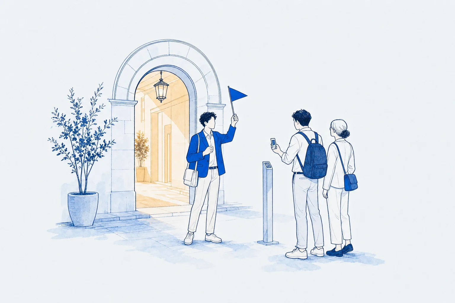 Illustration: a morning tour group gathers at an old-town arch as a guide raises a small pennant and a traveller holds up a phone ticket at the meeting post