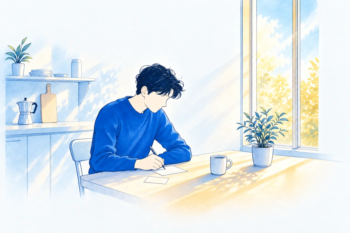 Illustration: a person writes a postcard over morning coffee at a kitchen table beside a tall window, warm sunlight falling across the table.