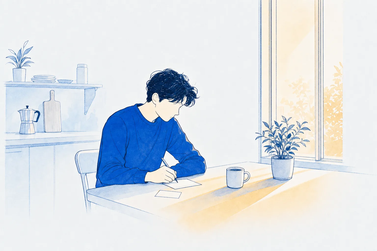 Illustration: a person writes a postcard over morning coffee at a kitchen table beside a tall window, warm sunlight falling across the table.