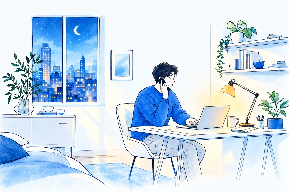 Illustration: late at night in a quiet home study, an on-call engineer calmly takes a phone call at a small desk, one hand on an open laptop, under the single warm pool of a desk lamp while the city outside sleeps.