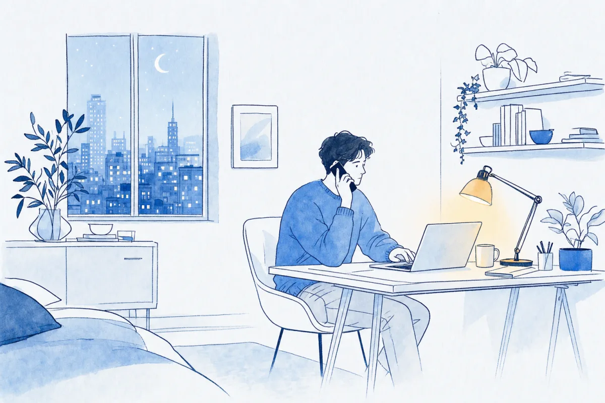 Illustration: late at night in a quiet home study, an on-call engineer calmly takes a phone call at a small desk, one hand on an open laptop, under the single warm pool of a desk lamp while the city outside sleeps.