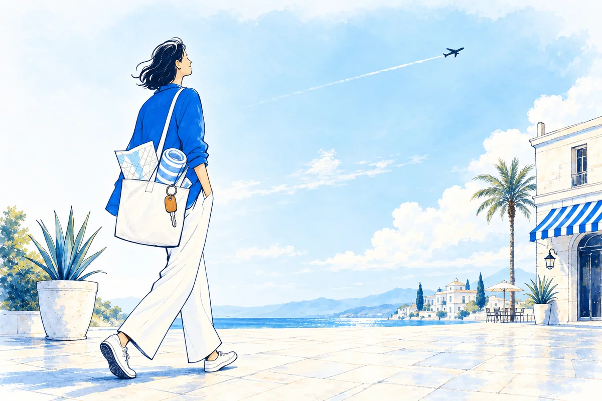Illustration: a traveller strolling across an open plaza carrying one small tote from which a map, a room key and a rolled towel neatly peek.