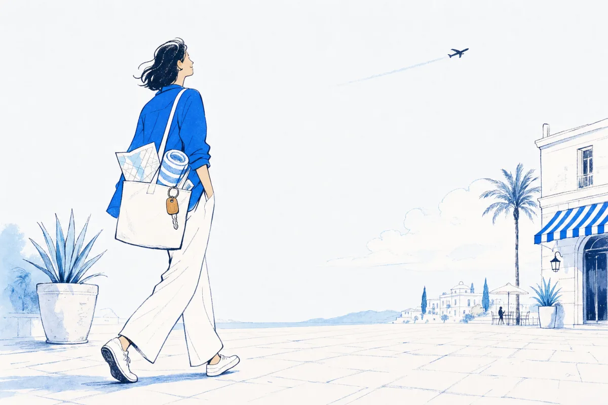 Illustration: a traveller strolling across an open plaza carrying one small tote from which a map, a room key and a rolled towel neatly peek.