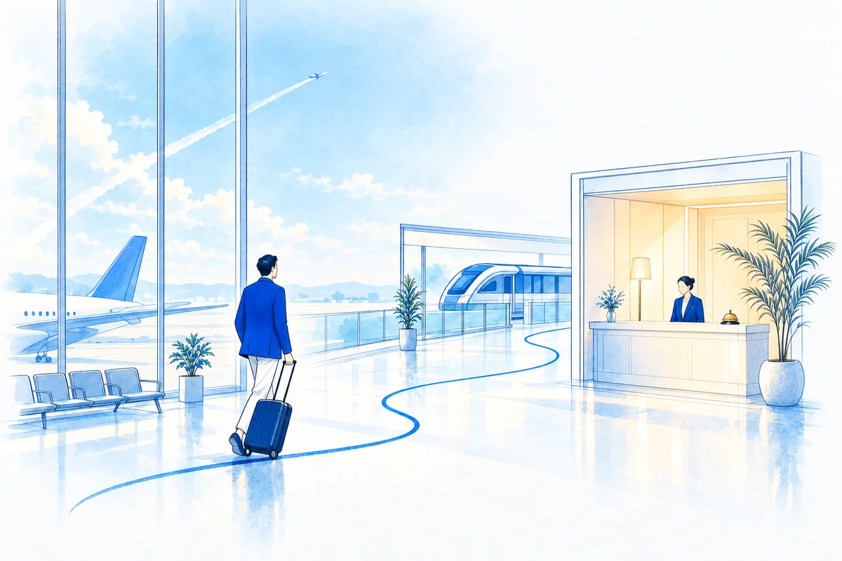 A traveller with a rolling suitcase follows one continuous painted line across a bright terminal floor, from a plane behind the glass wall, past a rail platform, to a warmly lit hotel reception desk.