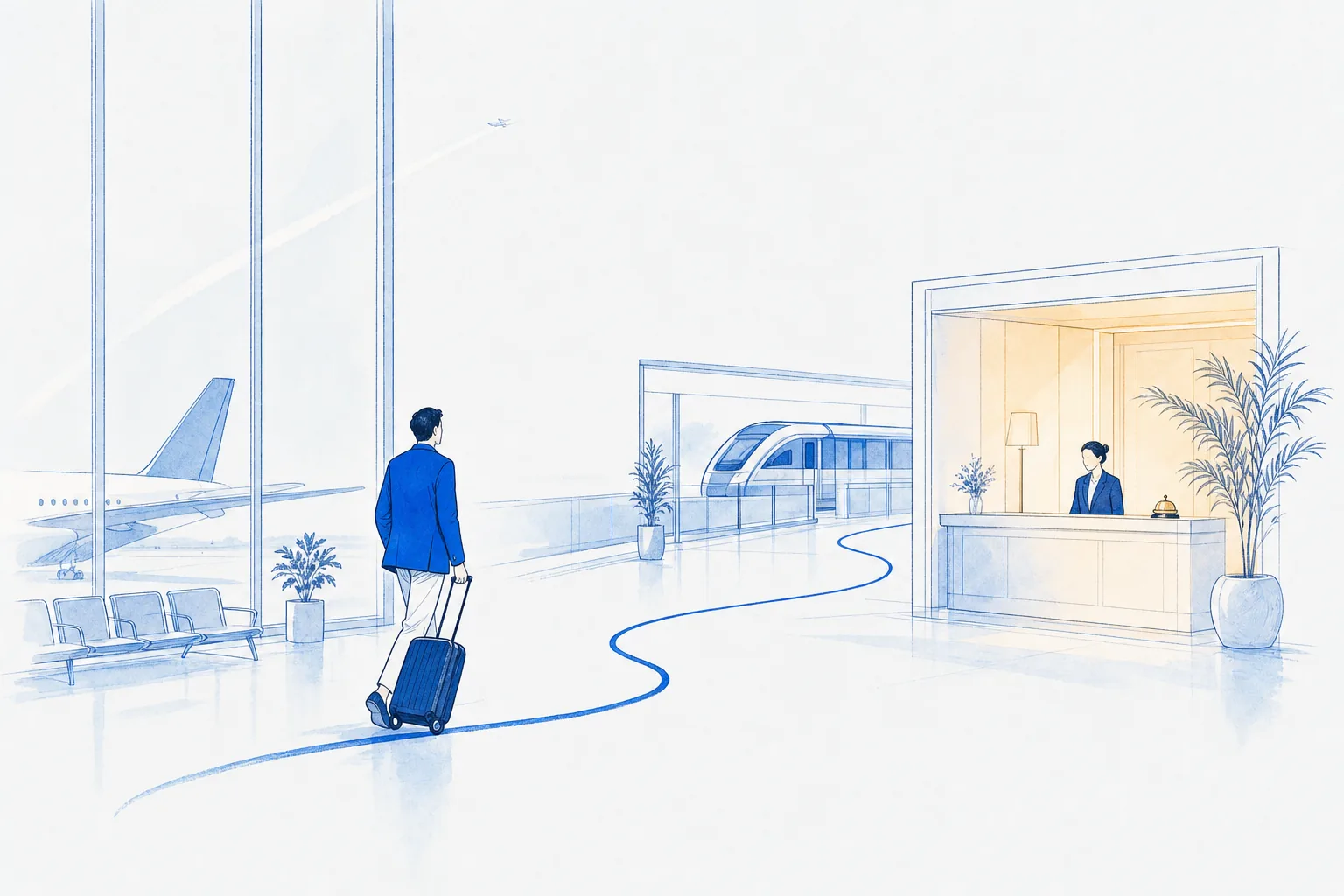 A traveller with a rolling suitcase follows one continuous painted line across a bright terminal floor, from a plane behind the glass wall, past a rail platform, to a warmly lit hotel reception desk.