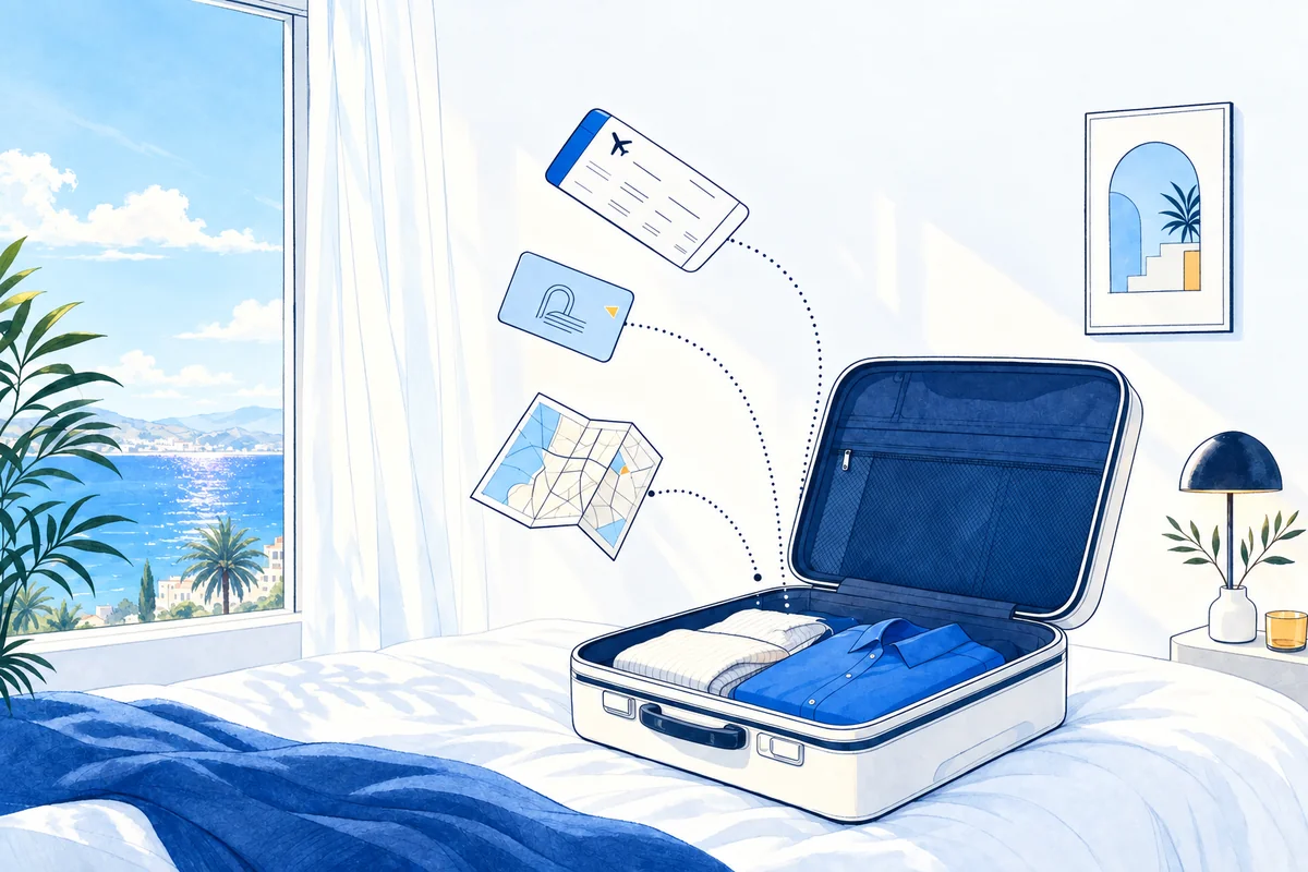 Illustration: a boarding pass, hotel key and map drift neatly into one open suitcase