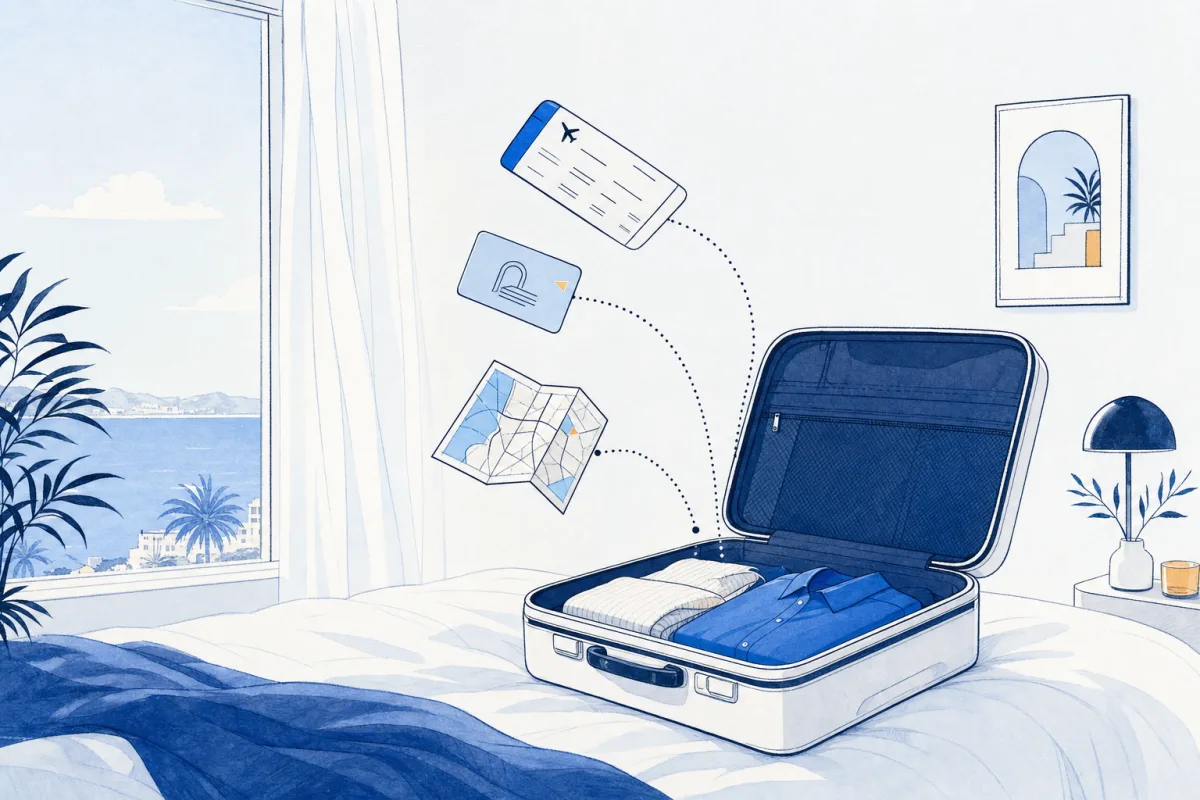 Illustration: a boarding pass, hotel key and map drift neatly into one open suitcase