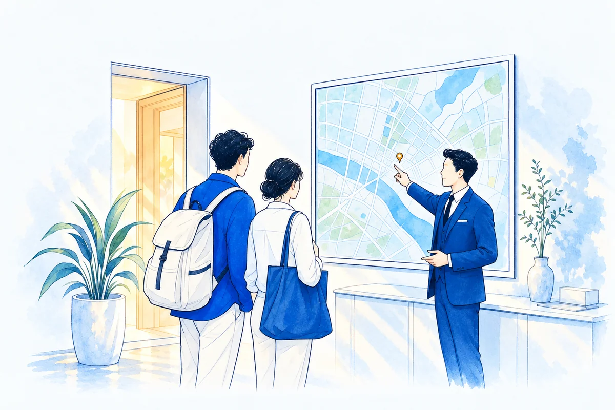 Illustration: a concierge points out one precise spot on a large wall map for two travellers, a single warm pin marking the place