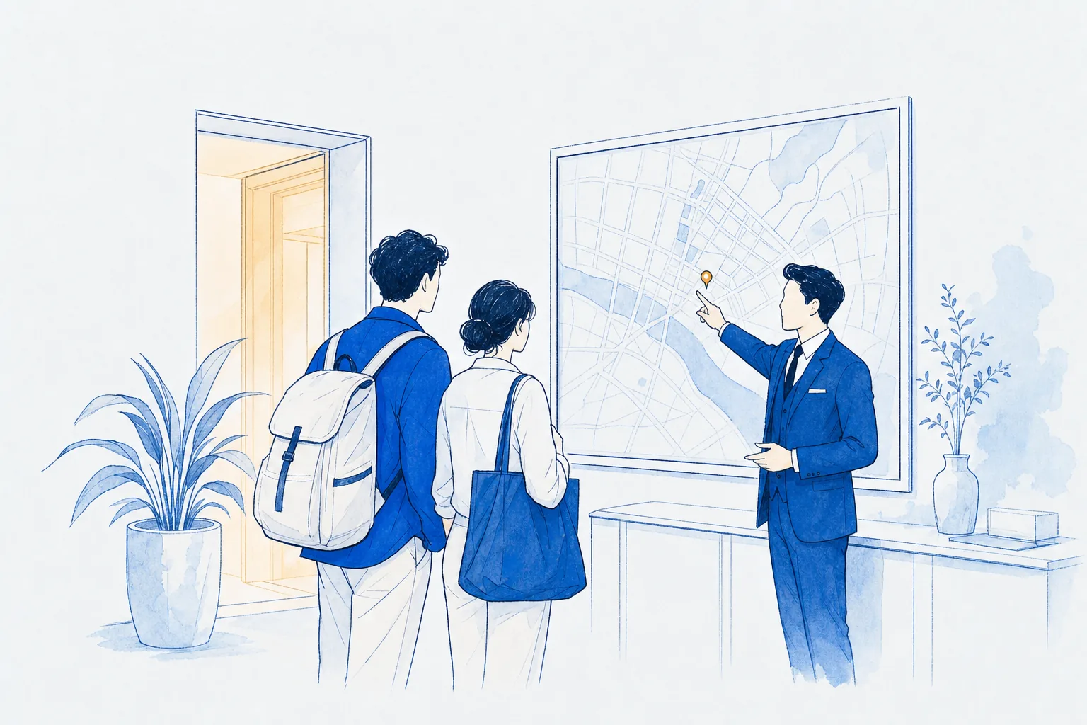 Illustration: a concierge points out one precise spot on a large wall map for two travellers, a single warm pin marking the place