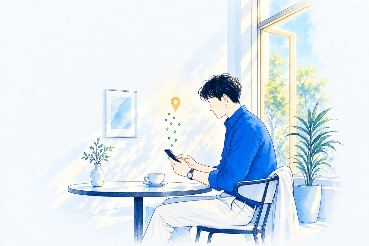 Illustration: a traveller types on a phone at a bright cafe table while a column of small location pins above the screen resolves into one warm glowing pin