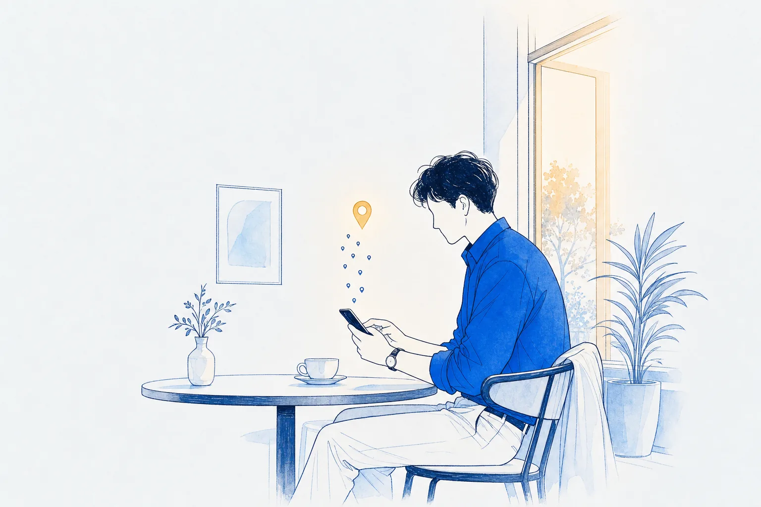 Illustration: a traveller types on a phone at a bright cafe table while a column of small location pins above the screen resolves into one warm glowing pin