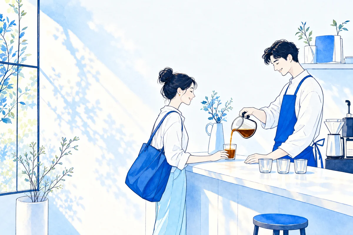 Illustration: a barista pouring coffee precisely to the measure line of a traveller's glass cup, both smiling.