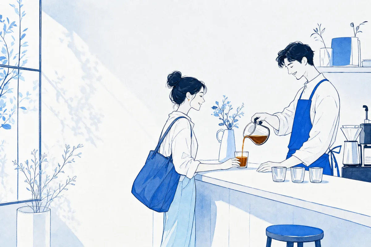Illustration: a barista pouring coffee precisely to the measure line of a traveller's glass cup, both smiling.