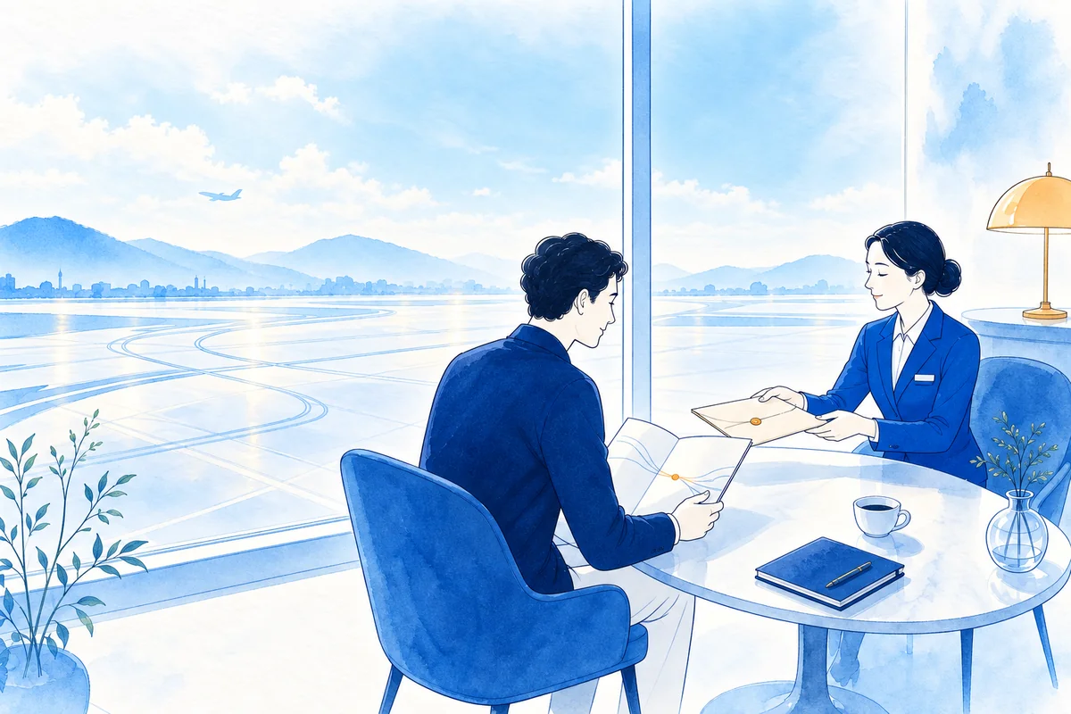 Watercolor illustration of a traveller reviewing a journey folio as an airport attendant respectfully returns a sealed document envelope.
